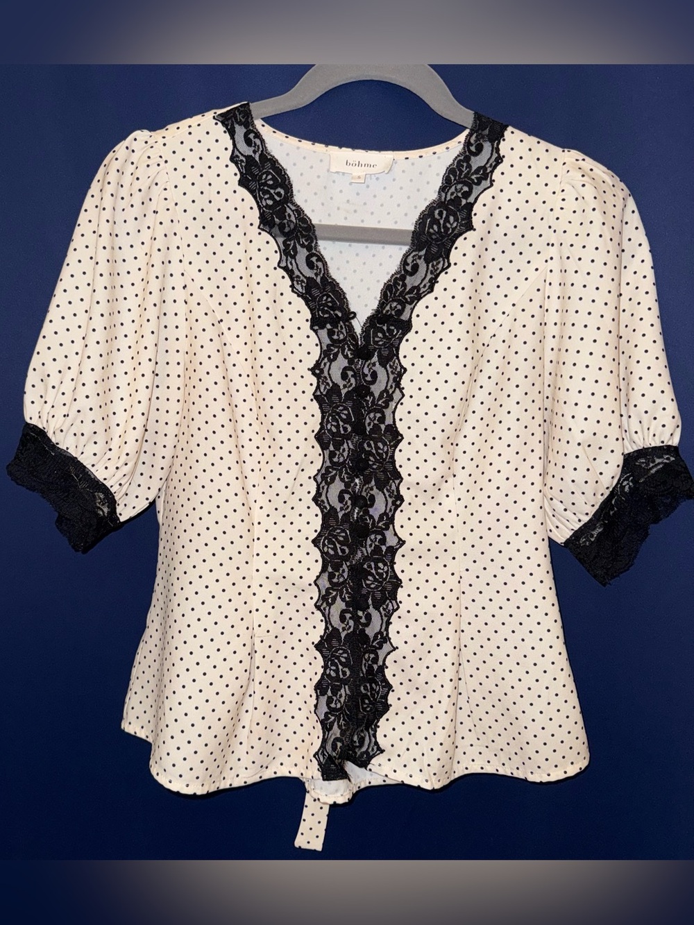 Böhme Angie Lace Trim Blouse Cream Polka Dot Puff Sleeve Top Size S
